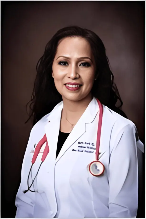 A woman in white lab coat with red stethoscope.