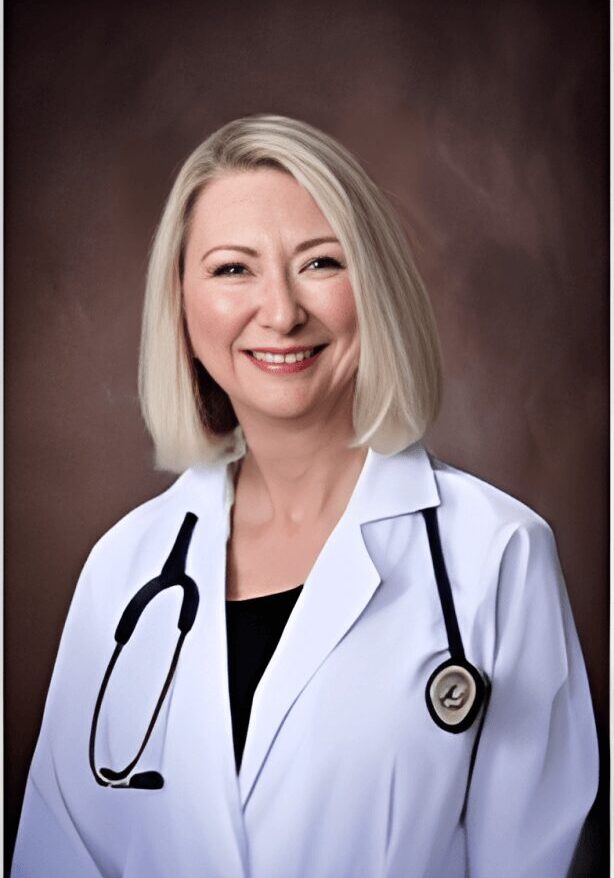 A woman in white lab coat with stethoscope.